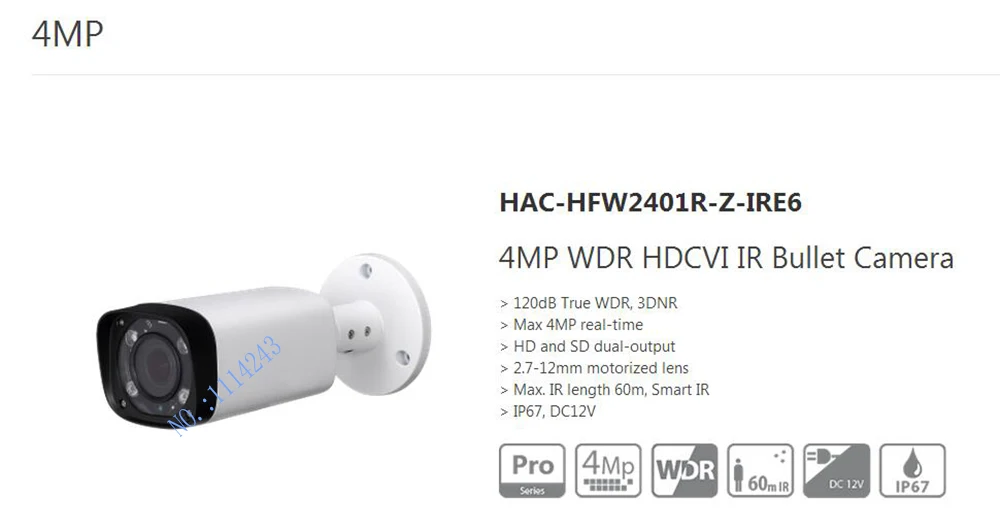 Free Shipping DAHUA CCTV 4MP WDR HDCVI IR Bullet Camera IP67 without Logo HAC-HFW2401R-Z-IRE6