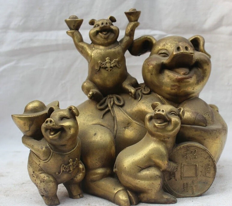 

7" China Chinese Fengshui Brass Rich Wealth Money Zodiac Year Mother Pig Statue