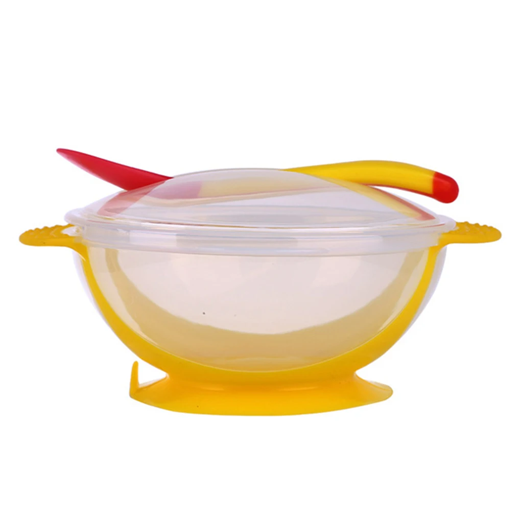 Toddler Baby Kids Child Feeding Lid Training Bowl with Spoon Cartoon Binaural Baby Feeding Tableware Children Plate Sucker Bowl - Цвет: yellow