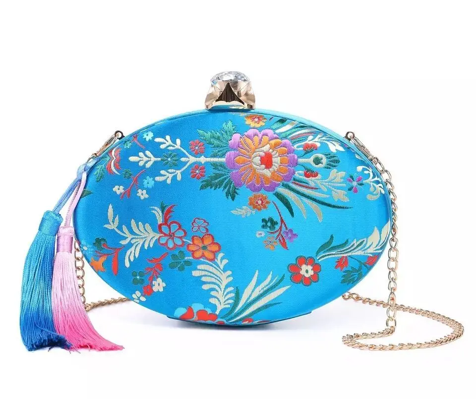 Винтажный вечерний клатч в китайском стиле, вышитый цветок, Женский атласный клатч с кисточками, кошелек для свадебной вечеринки, Ретро сумка на плечо - Цвет: LIGHT BLUR