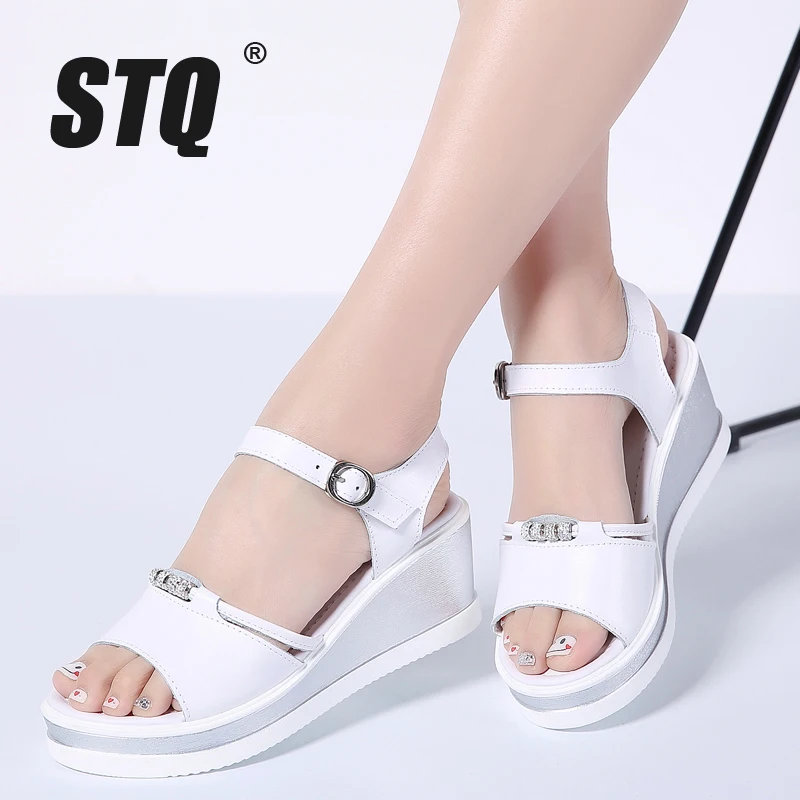 

STQ 2019 Women sandals white flat wedge sandals Summer ladies peep toe high heels Platform white flipflops heeled sandals 87418