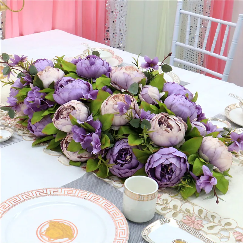 Custom luxury DIY wedding decor table flower runner artificial flower row arrangement table centerpieces rose peonies green leaf - Цвет: Фиолетовый