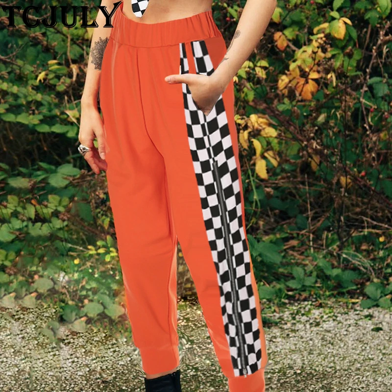 

TCJULY New Side Fake Zippers And Checkerboard Print Patchwork Orange Harem Pants Casual Streetwear High Waist Trousers For Women