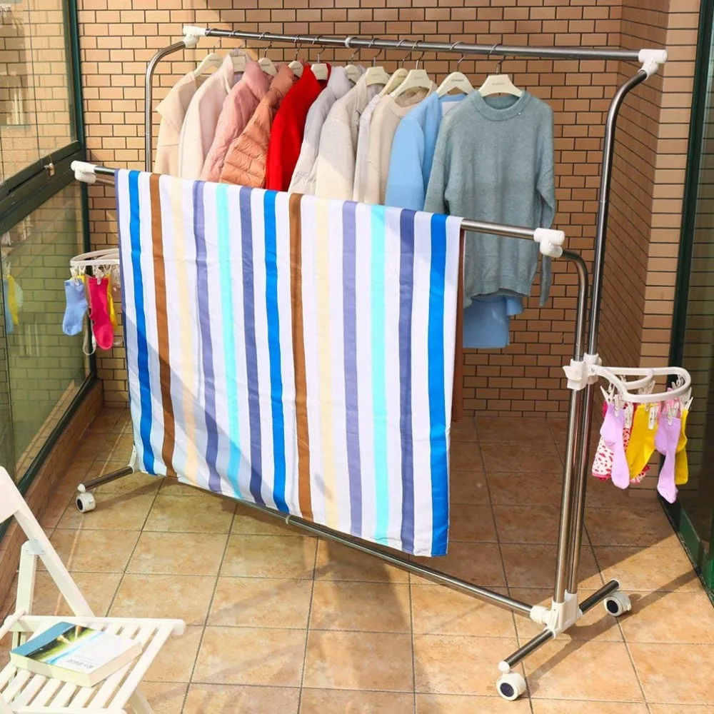  Movable Clothes Laundry Drying Rack Garment Rack Expandable Rails Rolling Adjustable Clothing Dryin