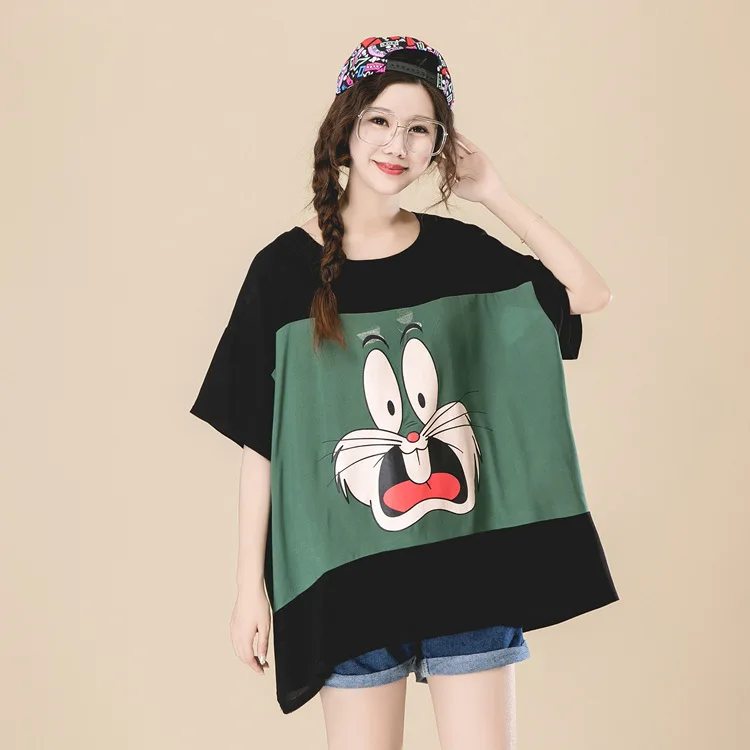 Summer Loose Kawaii Cartoon Translucent Short Sleeve T Shirt Women Korean Thin Section Stitching Color Plus Size Black T Shirt