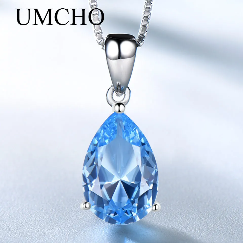 UMCHO 925 Sterling Silver Pendant Necklace for Women Nano Russian Simulated Emerald Gemstone Zircon Chain Necklace for Women - Цвет камня: Blue  Topaz