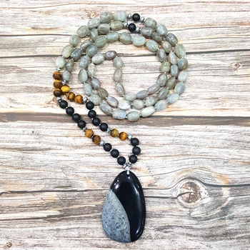 

Lii Ji Rainbow Labradorite Black Agate Tiger's Eye Quartz Agate Pendant Bohemia Long Hand Made Necklace 112cm/44 inch