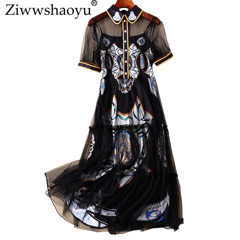 

Ziwwshaoyu Elegant Mesh dresses Peter pan Collar Print Hollow Out Big pendulum Party dress Spring and summer new women's