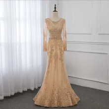 Gold Lace Full Sleeve Evening Gown Dresses Long Formal Appliques Crystals Women Party Dress Elegant YQLNNE