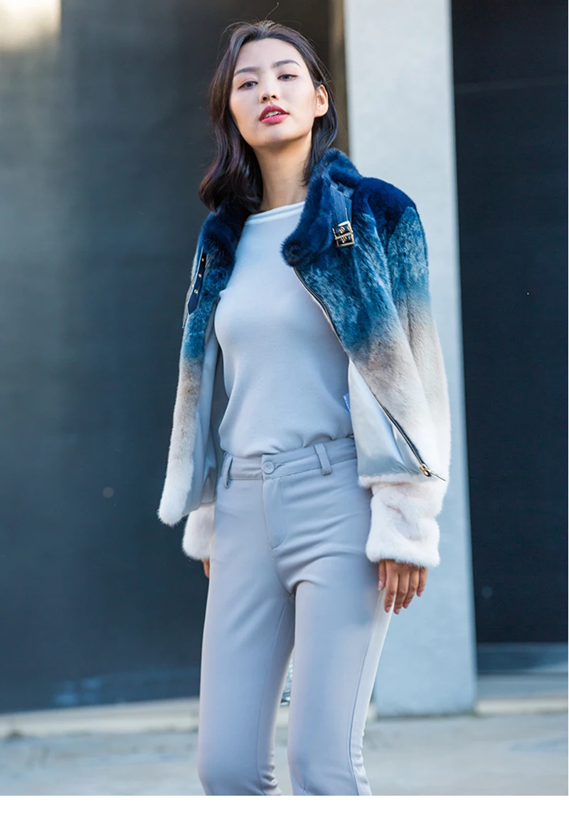 LVCHI зима 2019 воротник стойка реального норки Мех животных пальто для женщин Градиент с длинным рукавом печати короткая куртка, пальто молния