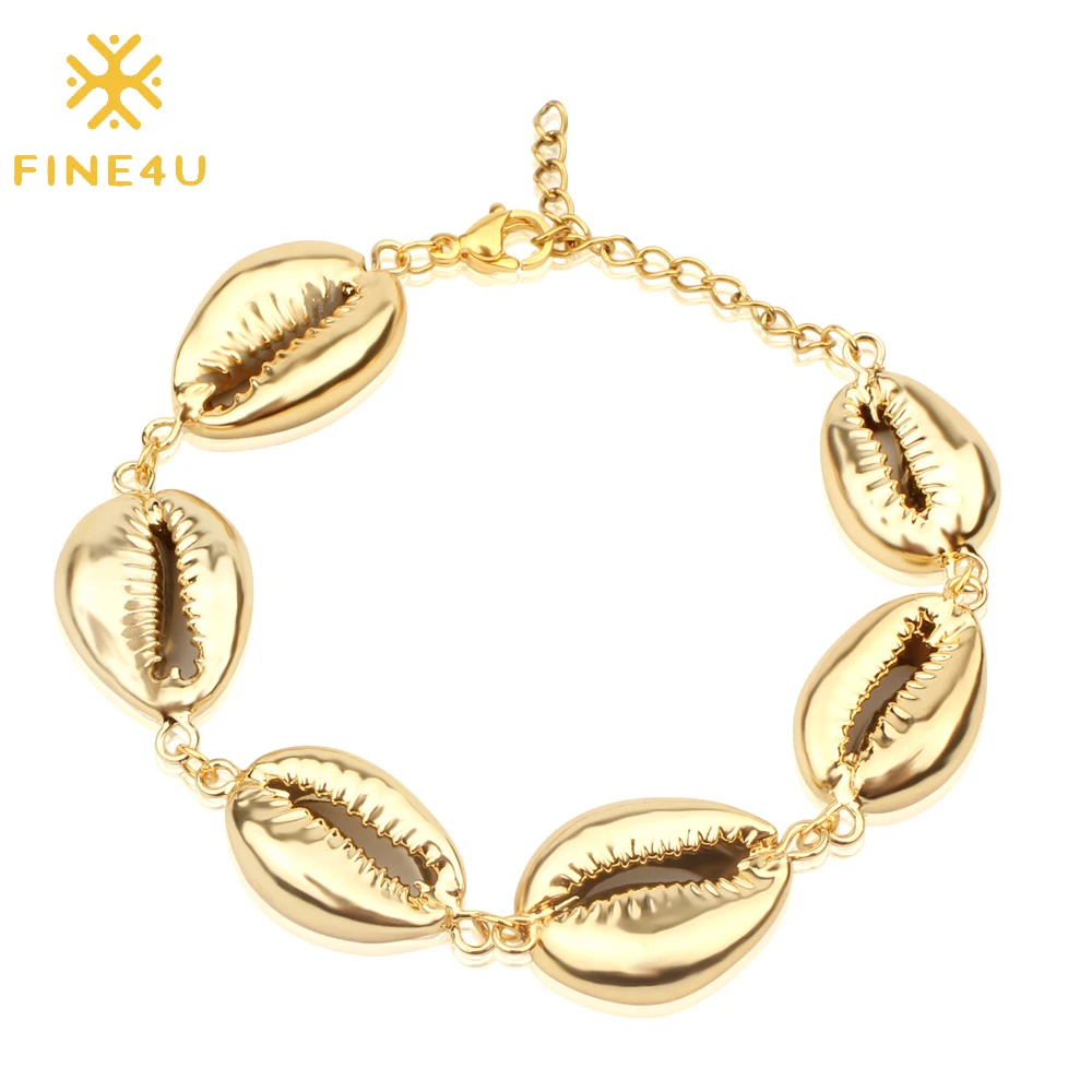 FINE4U B130 Bohemia Natural Sea Shell Charm Bracelet Gold Color Shell Beaded Bracelet 2019 Fashion Summer Beach Jewelry