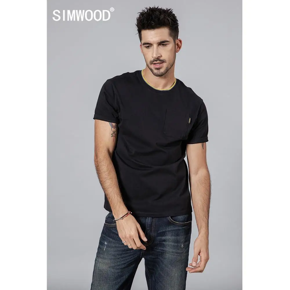 

SIMWOOD 2019 Summer New Color cotton yarn dot Neckline T-Shirt Men Tops High Quality Plus Size Brand Clothing 190475