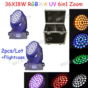 

2pcs/lot 36x18w rgbwa uv 6in1 led zoom moving head wash light dj stage lighting +flight case for sale