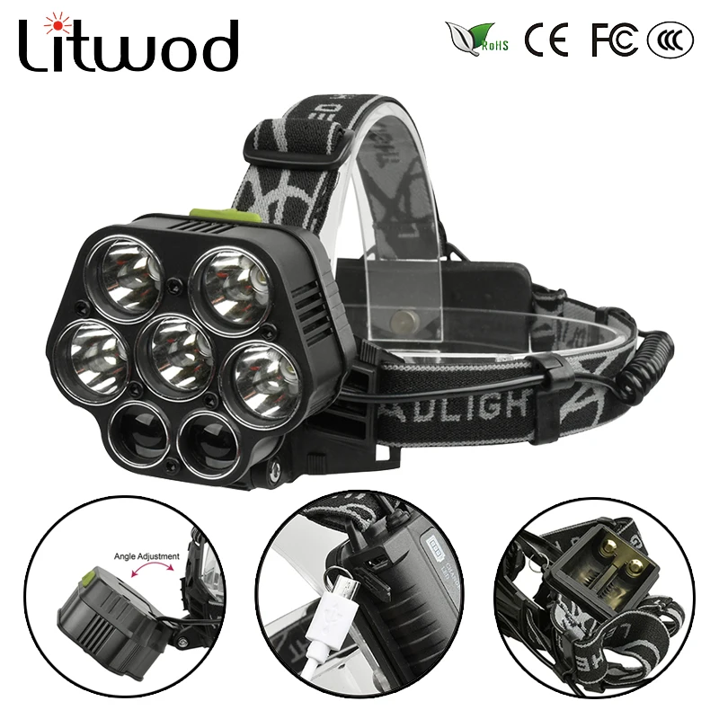 Litwod Z35 5 * T6 + 2 * Q5 37650lm 2507 мощный налобный фонарь Применение с микро зарядное устройство 2*18650 батареи фара