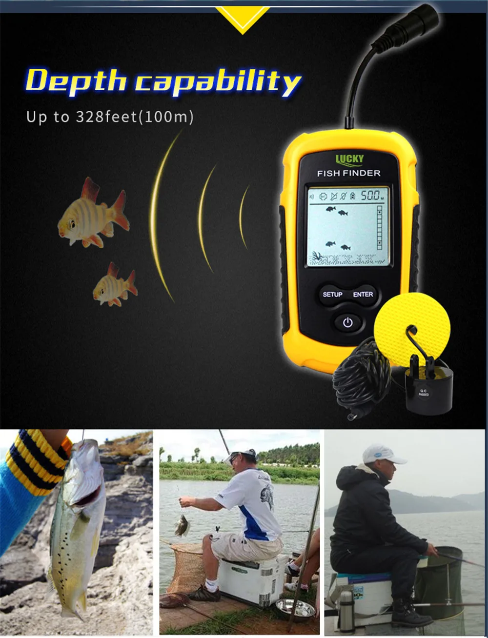 LUCKY FF1108-1, портативный эхолот Pesca, глубже, сенсор, ЖК-дисплей, датчик сигнализации для рыбалки, эхолот, 0,7-100 м