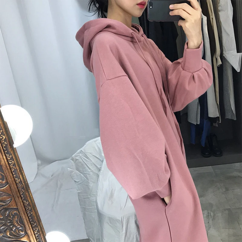  2017 women's autumn winter long sleeve hooded drawstring solid loose plus size cotton long hoodies 