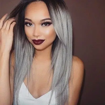 Two Tone Ombre Gray Wig Straight Synthetic Lace Front Wigs Long Fashion Black To Hair |