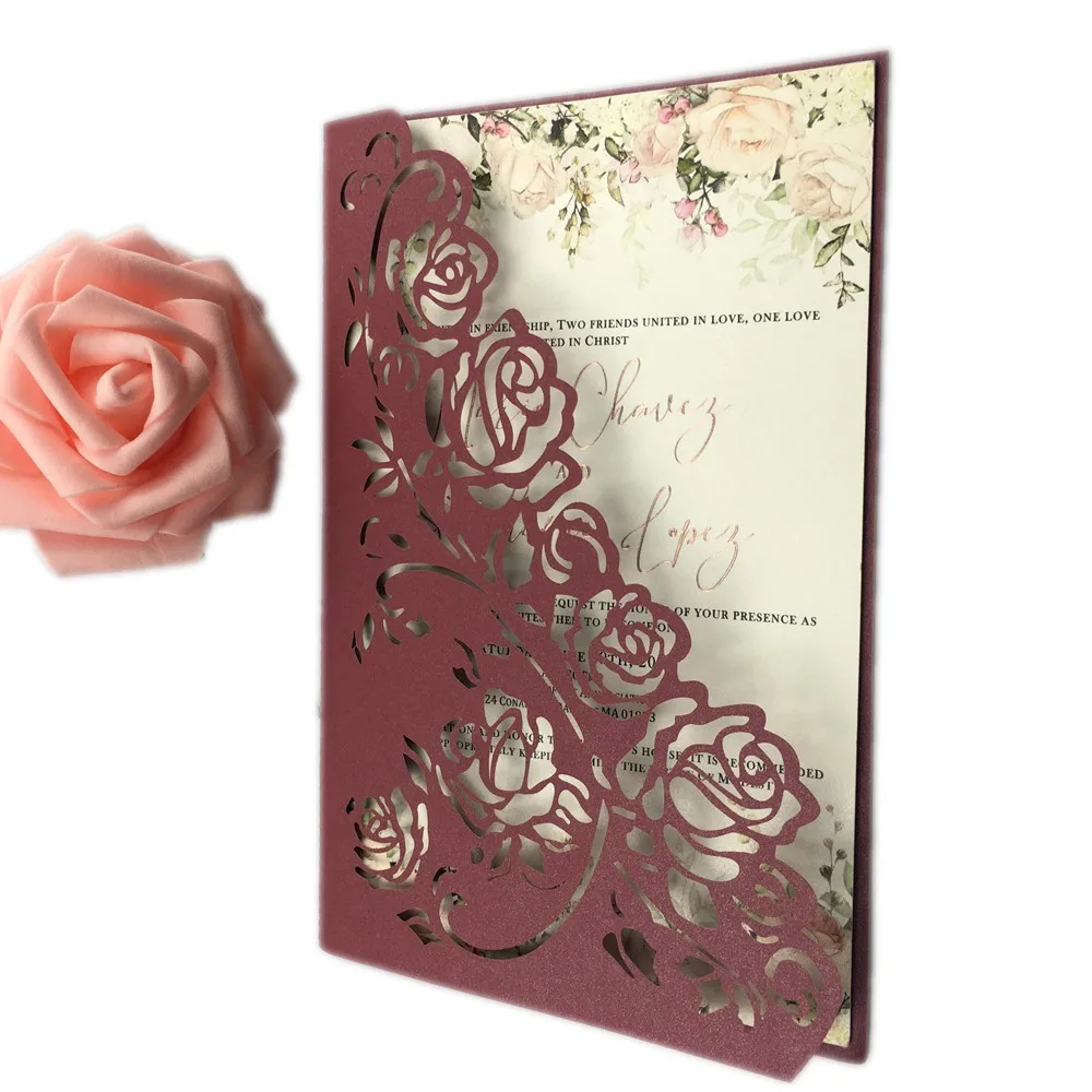 100X черный и белый Жених и невеста вертикальное Свадебное приглашение карточка срезанные ворота складной карман пригласите Invitaciones - Цвет: burgundy rose