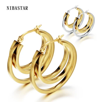

Gold Color Hiphop Big Hoop Earrings Stainless Steel Jewelry Simple Style Circle Round Huggie Earrings Women Gift For Her