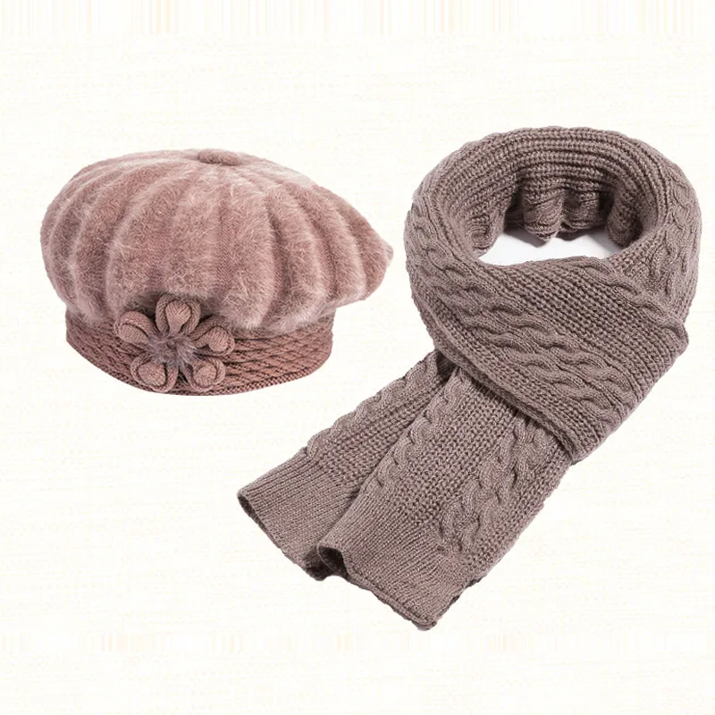 Dusty Pink Hat 1 Красивая Женская зимняя меховая шапка, шапка, набор, кепки с цветами, женские головные уборы, теплые шапки, женские зимние шапки из кроличьего меха, вязанные Beani - Цвет: Dusty Pink Hat 1