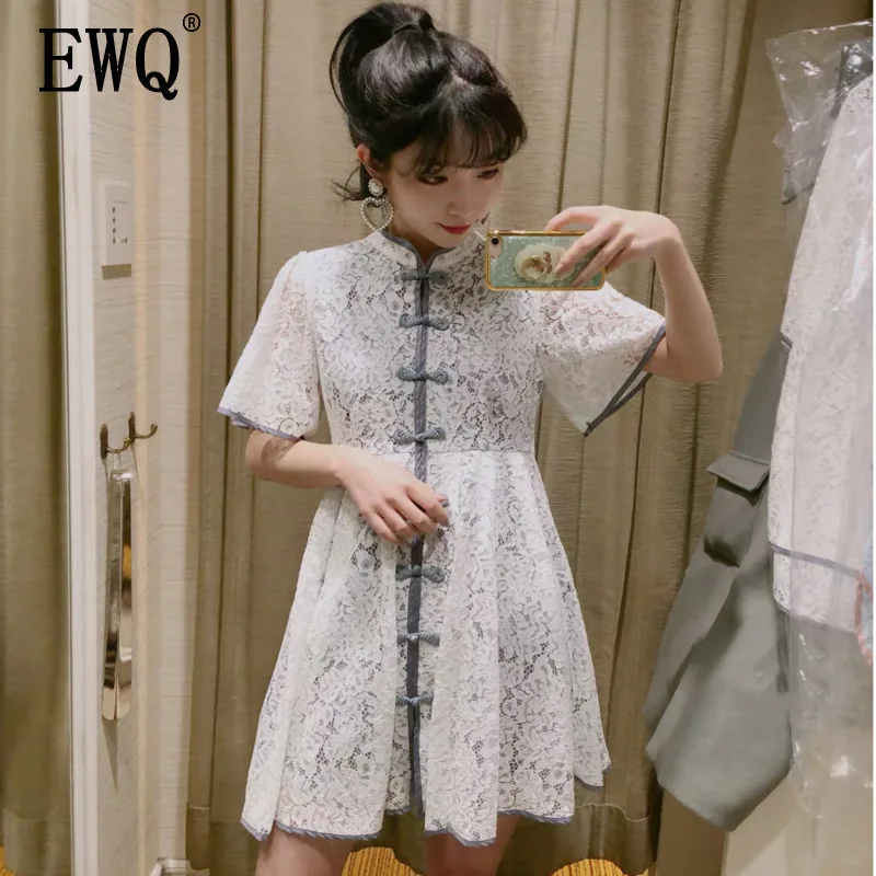 

[EWQ] 2019 spring new Korean style Stand Short Sleeve Lace Vintage Buttonloose trend women summer dresses woman party QG24000S