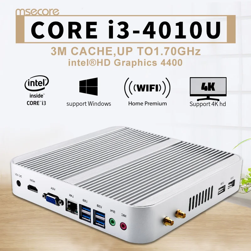 Core i3 4010U Haswell Fanless Mini PC Desktop Computer Windows 10 with VGA and HDMI HTPC Intel HD4400 Graphics 4K HD 300M WiFi