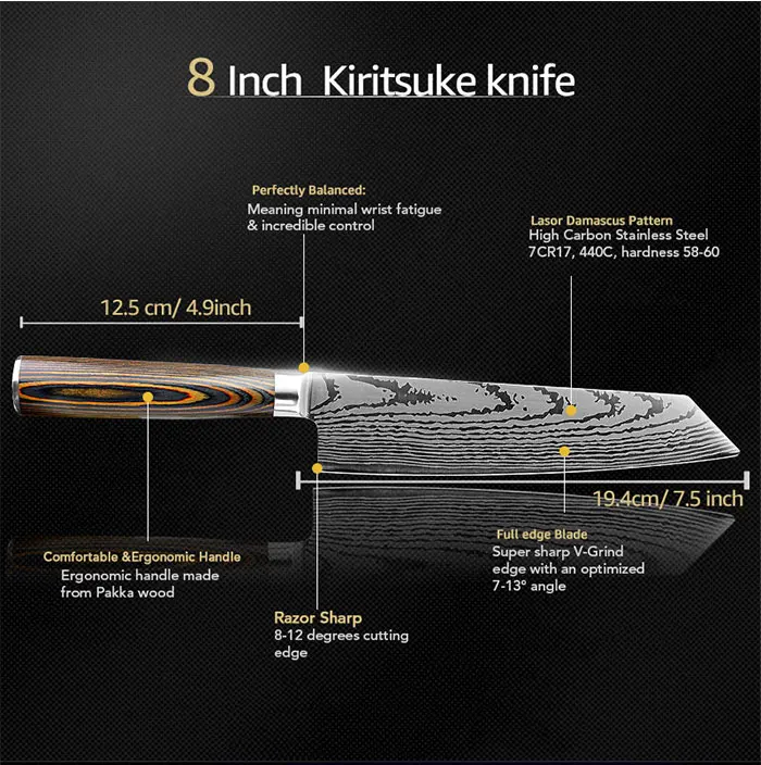 Кухонный нож шеф-повара японские 7CR17 440C высокоуглеродистая Нержавеющая сталь имитация Дамасского шлифовального лазерного ножа
