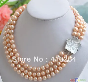 

$wholesale_jewelry_wig$ free shipping 3row 19" 9~10mm pink round FRESHWATER CULTURED pearl necklace