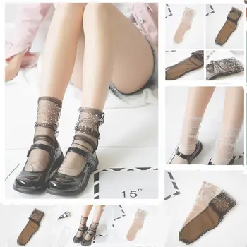 

2018 new fashion Women Girls Transparent Glitter Crystal Silk Lace Elastic Short Ankle Socks sexy womens casual thin socks