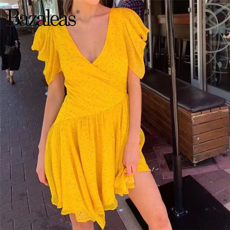 

Bazaleas Slim women Dress Fashion Lantern Sleeve dress Vintage V Neck Yellow Summer dress Casual vestidos