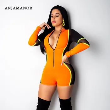 

ANJAMANOR Mesh Spliced Color Block Neon Shorts Rompers Womens Deep V Bodycon Bandage Jumpsuit Sexy Playsuit 2019 D30-AB86