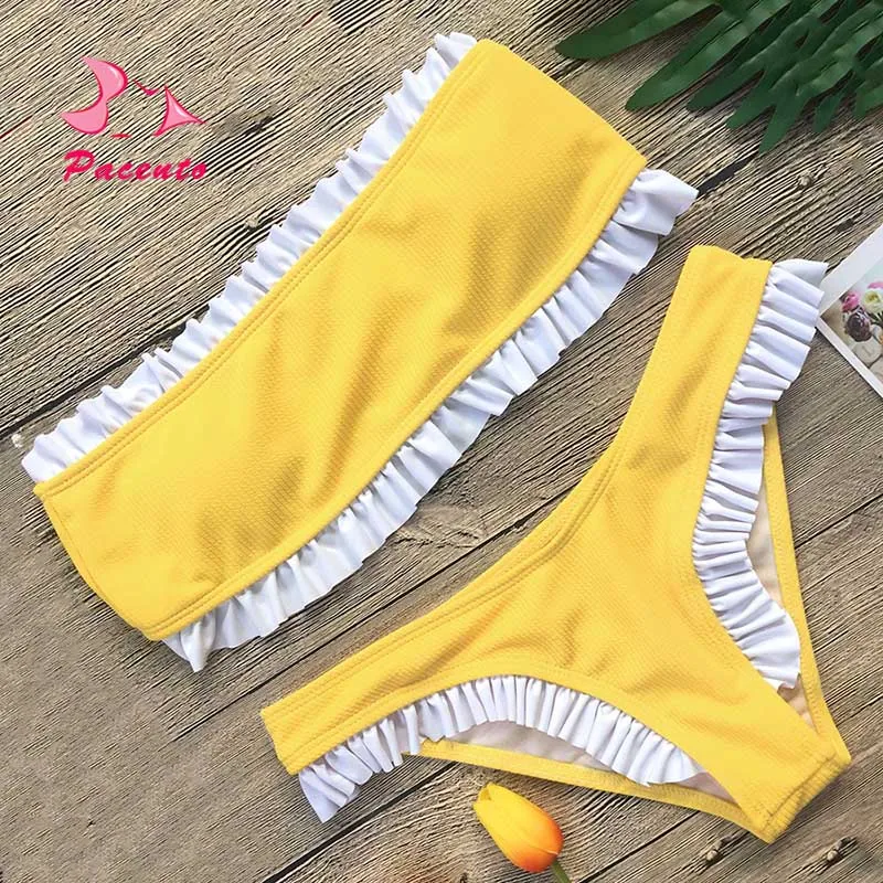 

Pacento Bikini Set Solid Bandeau Bikini 2018 Frilly Swimwear Women Black Pink Swimsuit Female Sexy Swim Wear Bather Plavky May