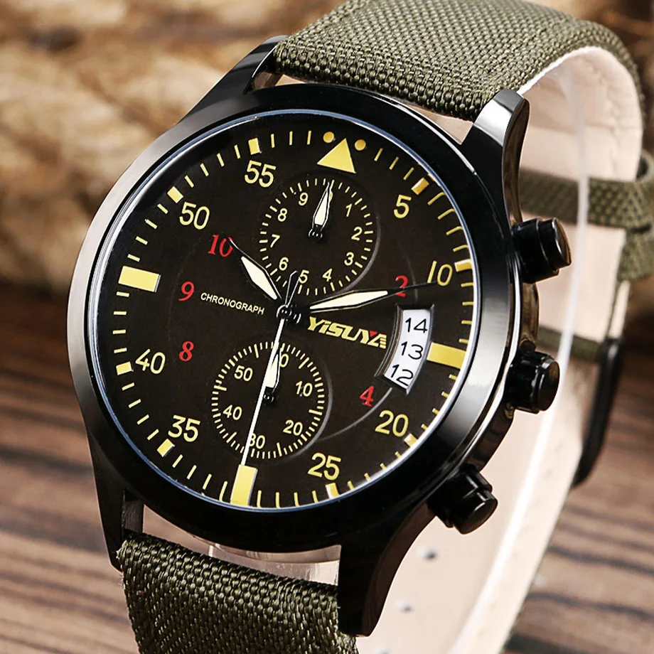 YISUYA Famous Brand Mens Watches Nylon Genuine Leather Wrist Watch Men's Date Chronograph Army Military Clock erkek kol saati (30)
