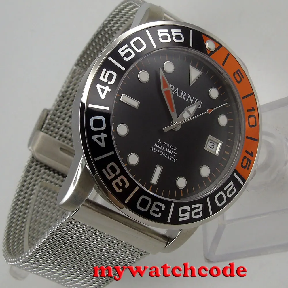  42mm parnis black dial black & orange bezel date miyota automatic mens watch P829