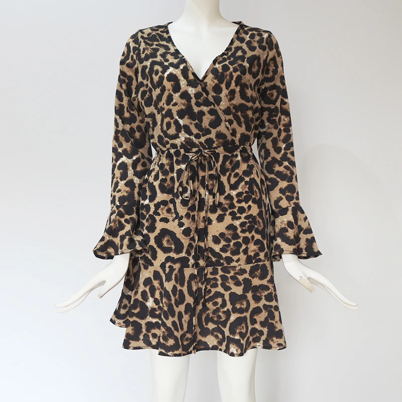 Leopard Print Mini Dress Women Sexy Deep V Neck Animal Print Dress Autumn Long Flare Sleeve Ruffles Ladies Vintage Dresses