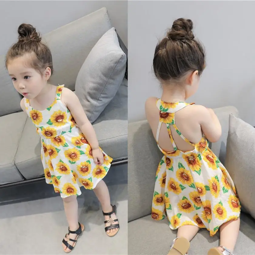 

TELOTUNY 2018 Summer flower girl dresses Sunflower Print Sleeveless Backless Floral Dress Outfits Clothes princess dress