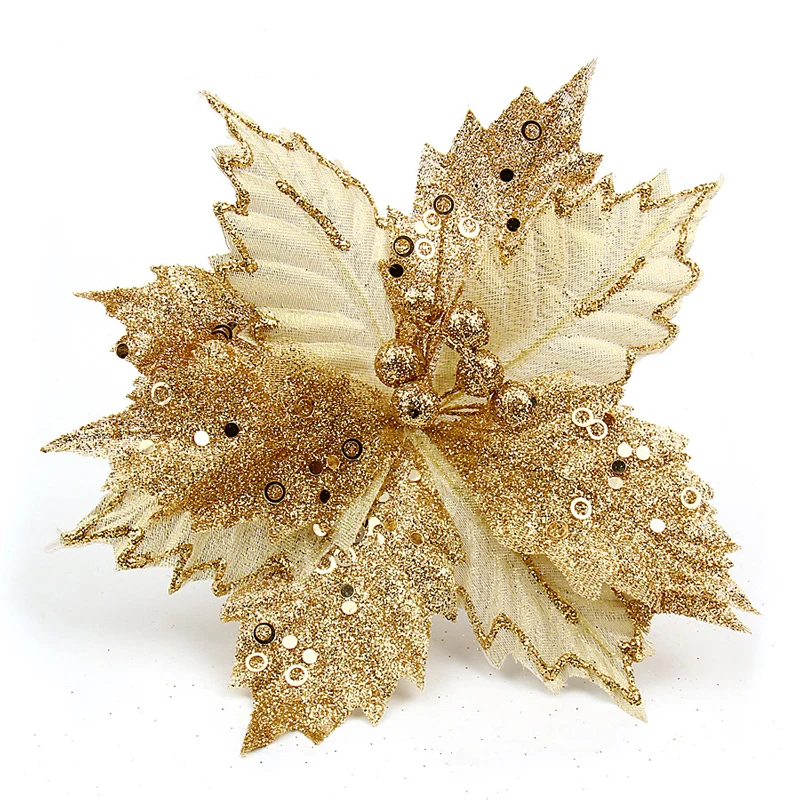 

5pc/lot 2018 Xmas 22cm Artificial Flowers Glitter Poinsettia Home Ornaments Festivals Christmas Tree Decoration Party Supplies