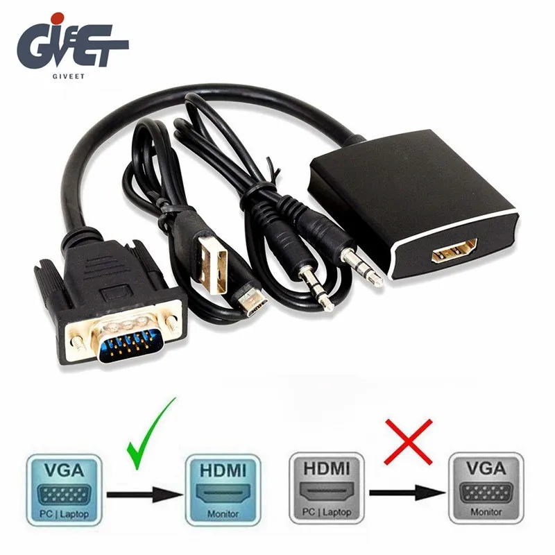 

1080P VGA to HDMI Converter Adapter for Computer Desktop,Laptop,PC,Monitor,Projector,HDTV with Audio Cable and USB Cable
