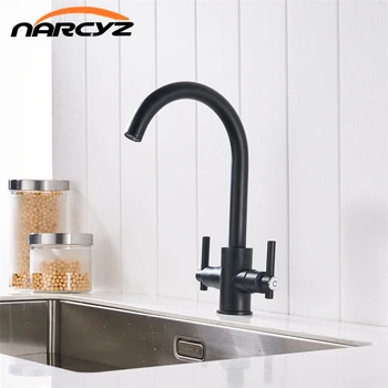 

Free Shipping Black color Kitchen Faucets Double Hands Round Bathroom Sinks Wall-in Taps Double Hole Mix Water Tap XT-13