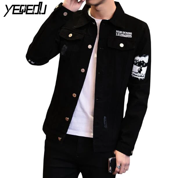 3426 Preppy Style denim jacket men Black jeans coat Punk Slim Jaqueta