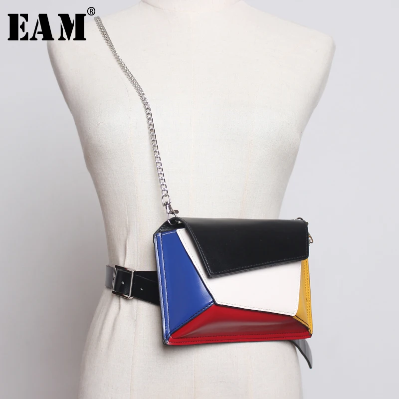 

[EAM] 2019 New Spring Summer Pu Leather Chain Brief Personality Spliced Zippers Belt Women Fashion Tide All-match JX385