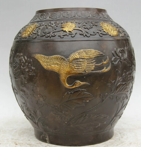 

JP S0524 10" Marked Chinese Dynasty Bronze Gild circular red-crowned crane Pot Jar Crock