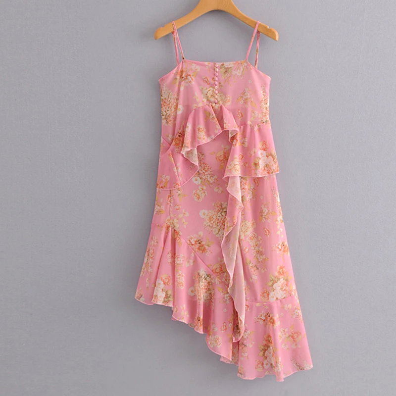 Women's Clothing Dress 2019 Asymmetrical Printed Suspender Slash Neck Dress Ms Summer Street Sexy Slim Fit Temperament Clothing