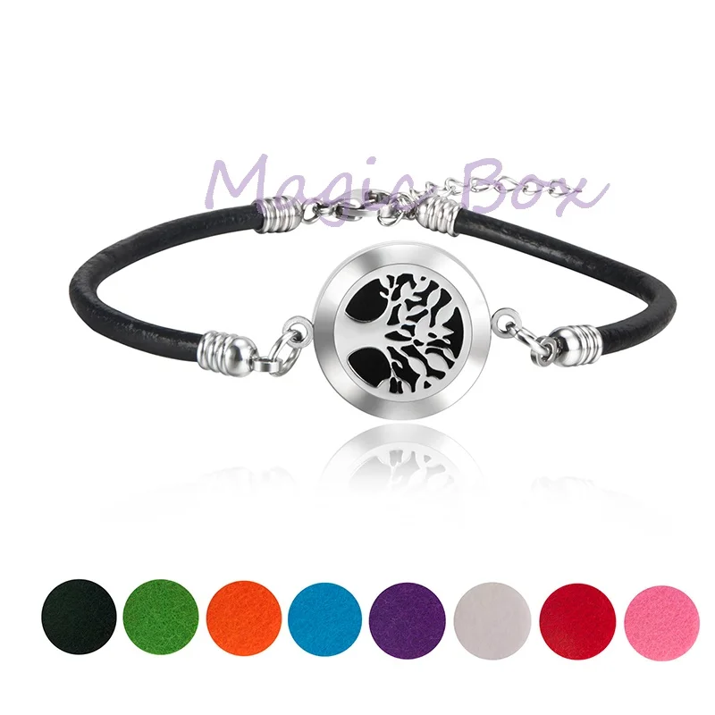 

New Arrials Leather Bracelet Stainless Steel Essential Oil Diffuser Locket (20mm) Aromatherapy with 8 pads