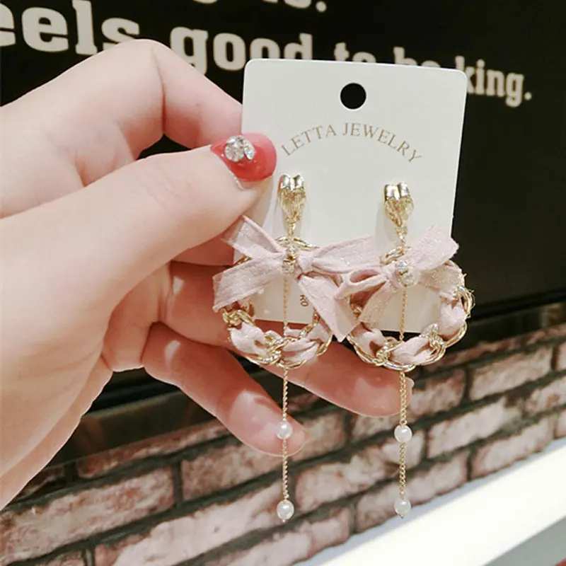

Spring And Summer Fabric Bow Pearl Student Earrings Korean Version Pearl Chain Party Fashion For Earring Jewelry