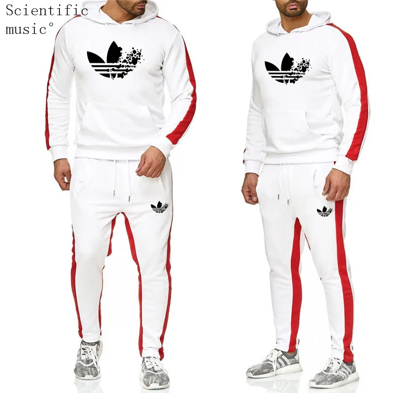 

2 Pieces Sets Tracksuit Men New Brand Autumn Winter Hooded Sweatshirt +Drawstring Pants Male Stripe Patchwork Hoodies 2019