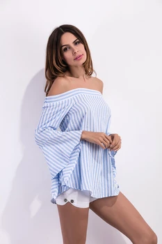 Spring Summer Sexy Slash Neck Off Shoulder Striped Blouse Large Size Bell Sleeve Feminine Shirts Women's Checked Blouses cutout neck bell sleeve striped tee