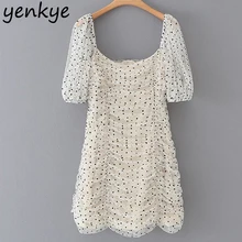 Женское винтажное Сетчатое драпированное платье в горошек, сексуальное женское платье с пышными рукавами и квадратным вырезом, мини облегающее платье, летнее платье