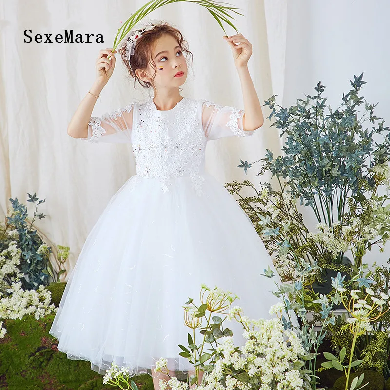 

white 2018 Flower Girl Dresses For Weddings ceremony Gown Tulle Lace First Communion Dresses For Little Girls
