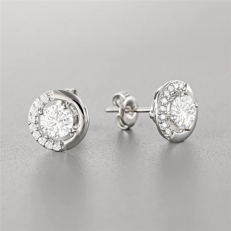 Silver Color Round Zircon Stud Earrings for Women Round Shape Ear Studs Wedding Party Jewelry C25